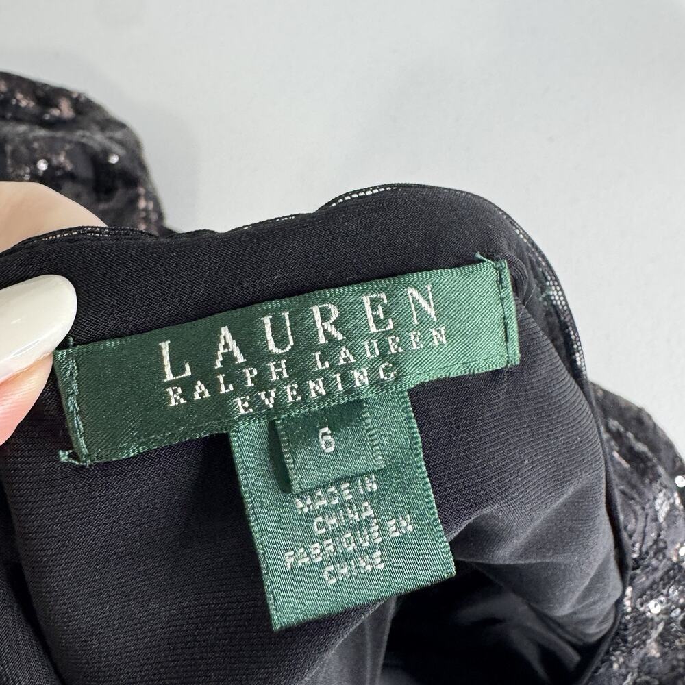 Lauren‎ Ralph Lauren Evening Gown Womens 6 Black Lace Sequin Panel Ruched Maxi - Picture 5 of 9